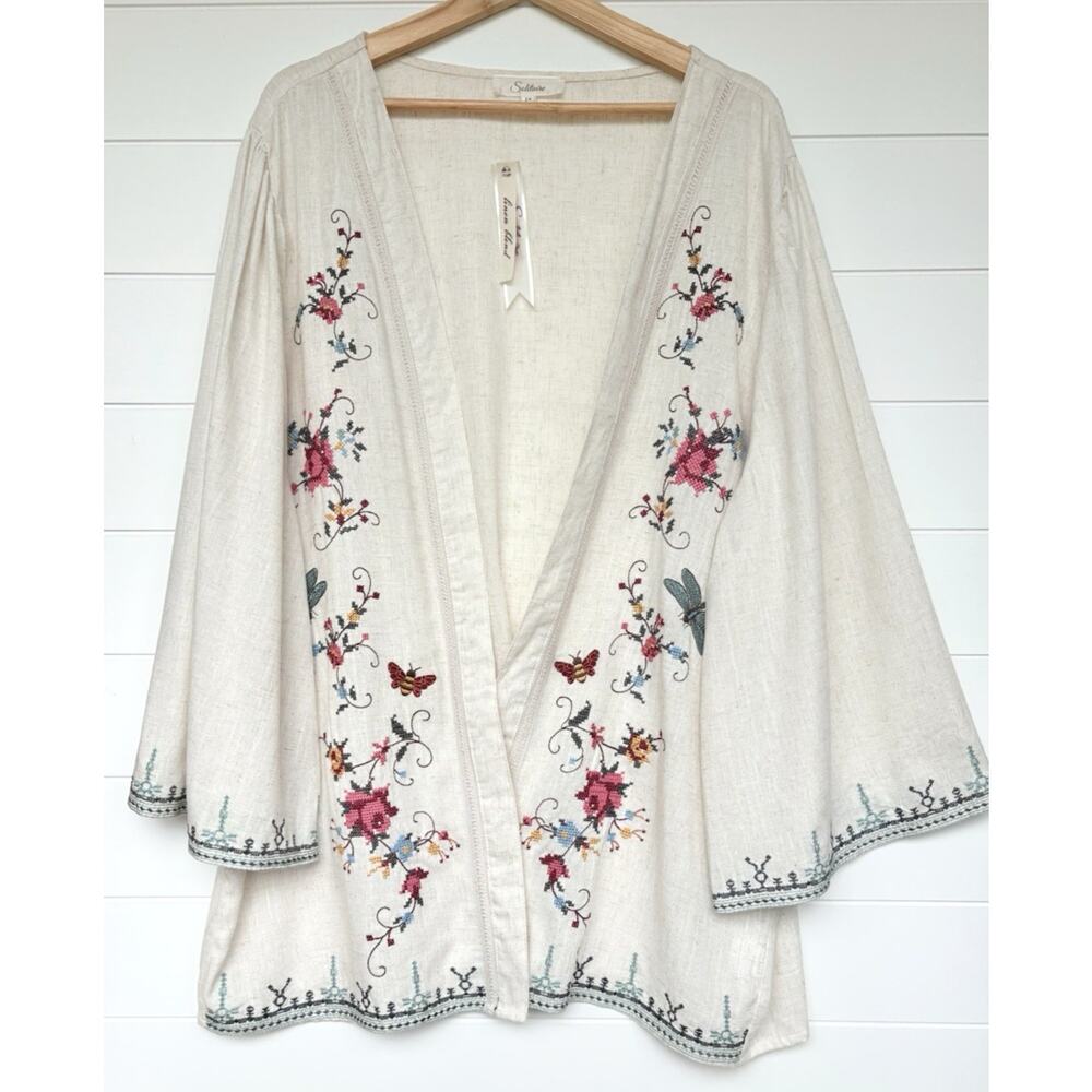 Solitaire Linen Blend Kimono Cardigan Embroidered Dragonfly Butterfly Floral 3X